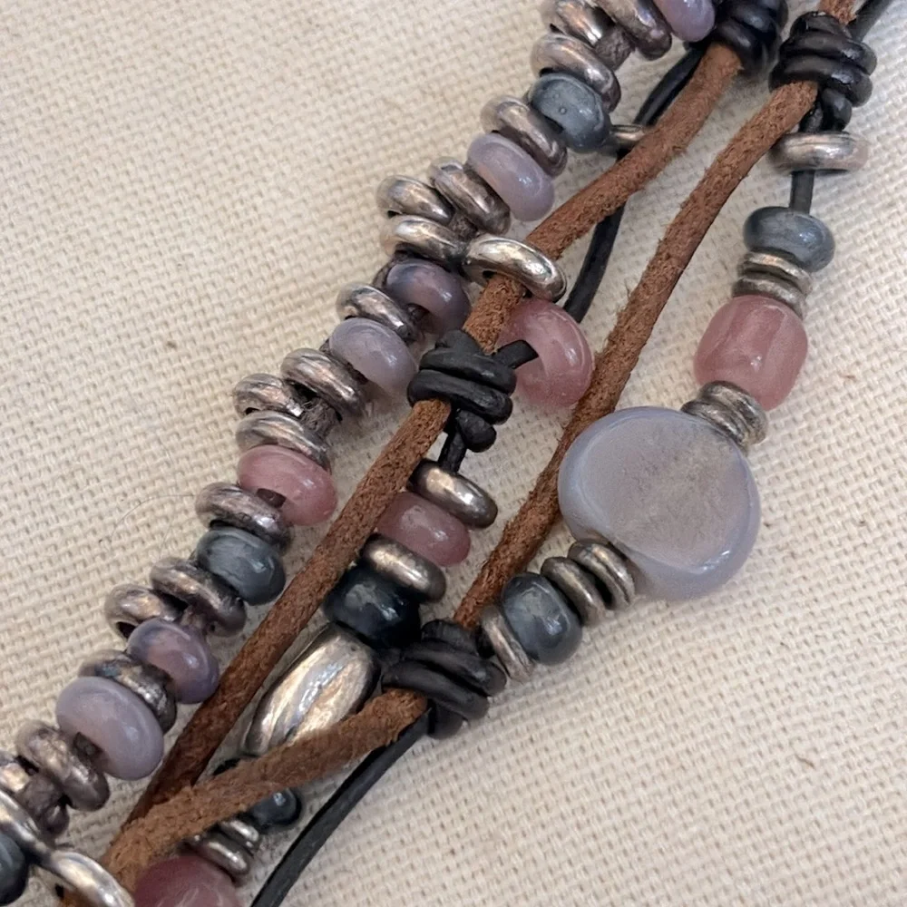 Uno de 50 Silver Leather Heather Pink Lavender Multi-strand Bracelet - Picture 5 of 6